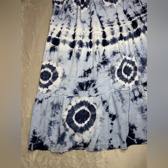 Magic Blue White Tie Dye Tiered Ruffle Lightweight MIDI Boho 100% Rayon Skirt M - Picture 11 of 13